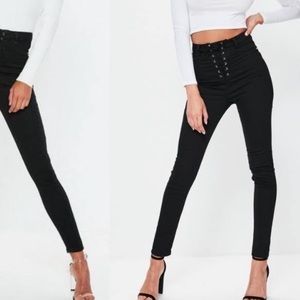 Missguided Denim coated lace up waist skinny vice jean